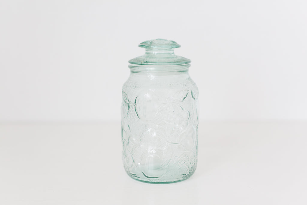 Vintage Embossed glass jar with lid
