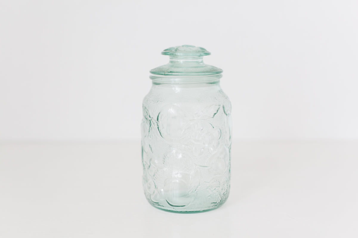 Vintage Embossed glass jar with lid