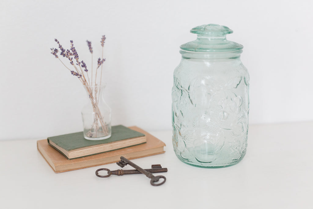 Vintage Embossed glass jar with lid