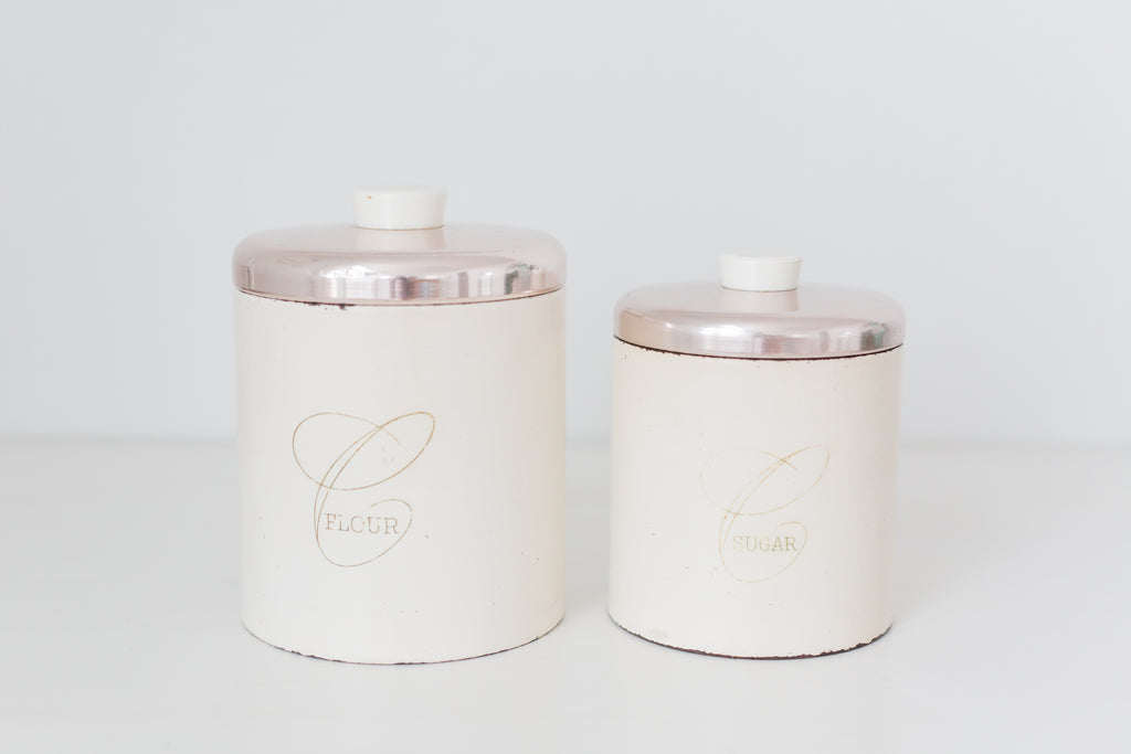 Set of two vintage Ransburg metal kitchen flour and sugar storage containers