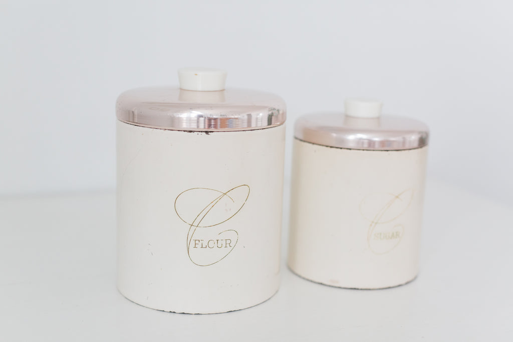Set of two vintage Ransburg metal kitchen flour and sugar storage containers