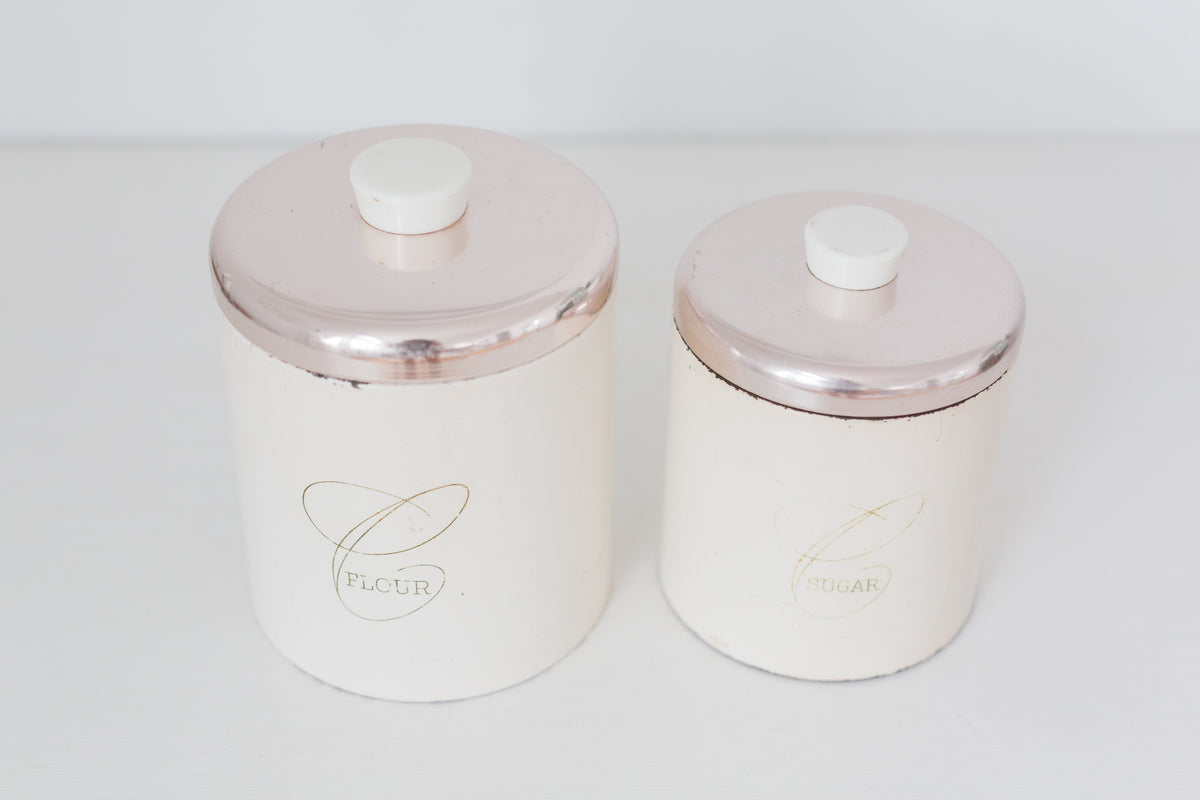Set of two vintage Ransburg metal kitchen flour and sugar storage containers
