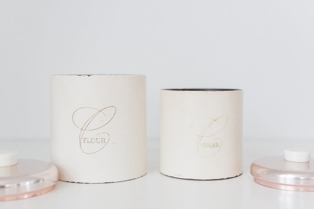 Set of two vintage Ransburg metal kitchen flour and sugar storage containers