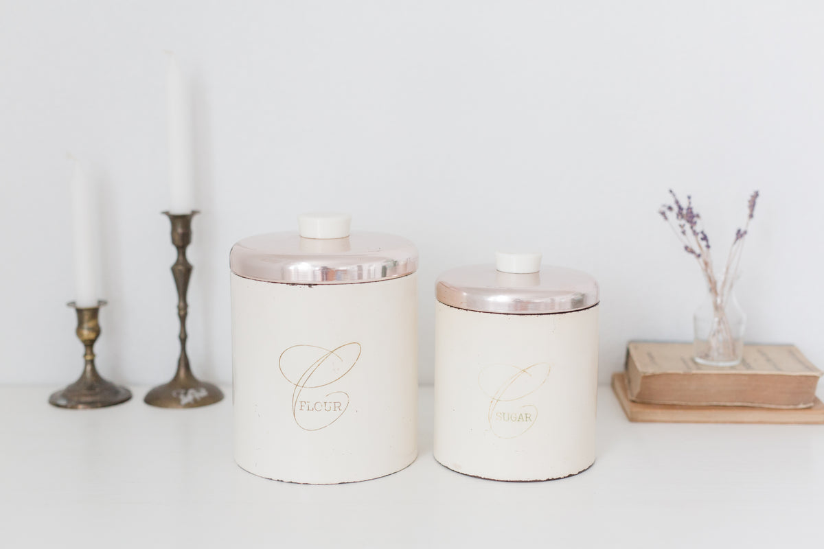 Set of two vintage Ransburg metal kitchen flour and sugar storage containers