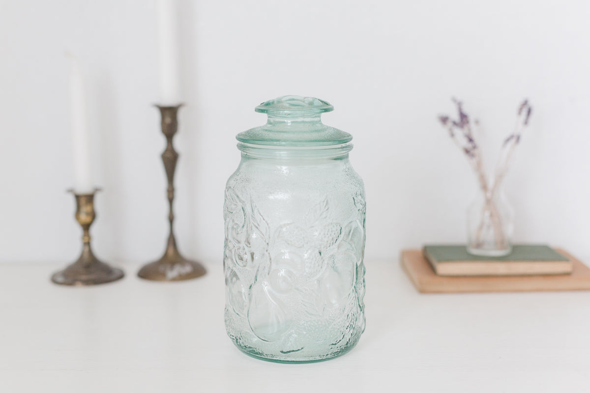 Vintage Embossed glass jar with lid