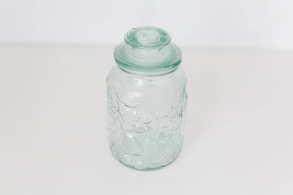 Vintage Embossed glass jar with lid