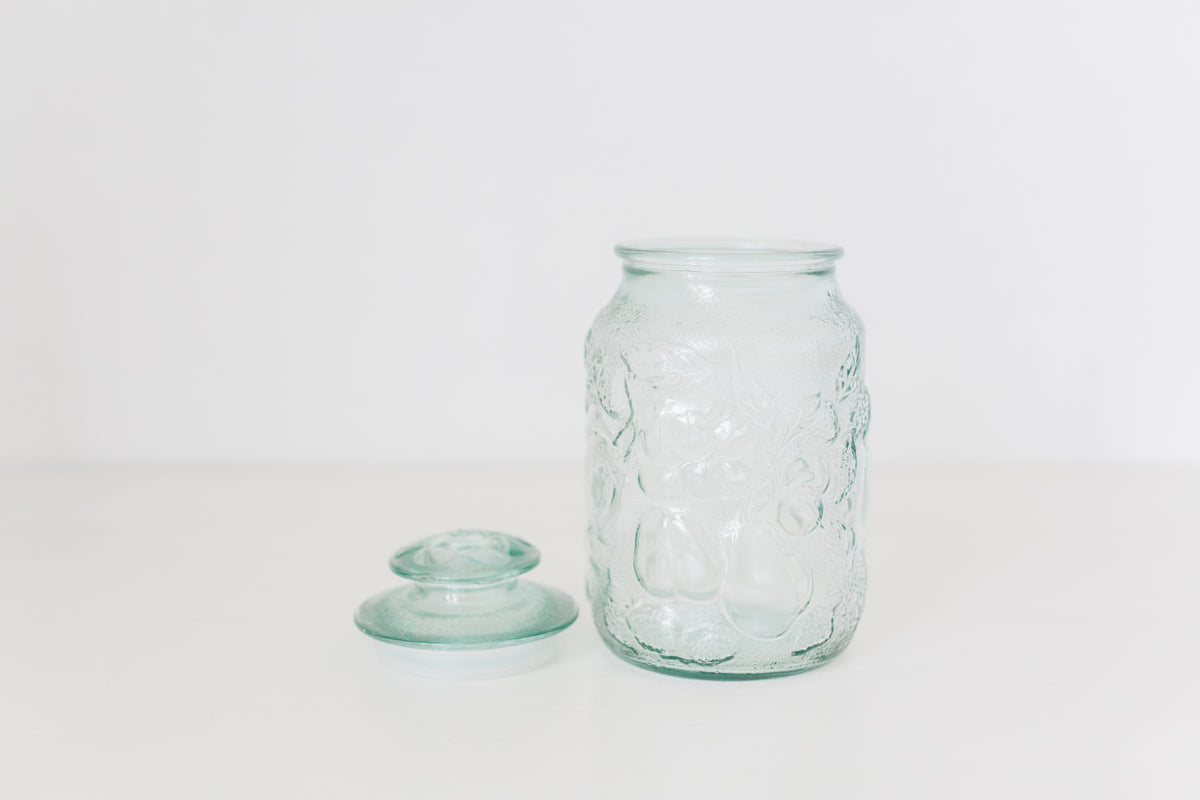 Vintage Embossed glass jar with lid