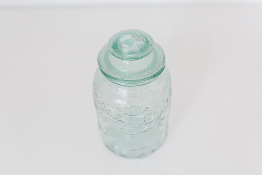 Vintage Embossed glass jar with lid