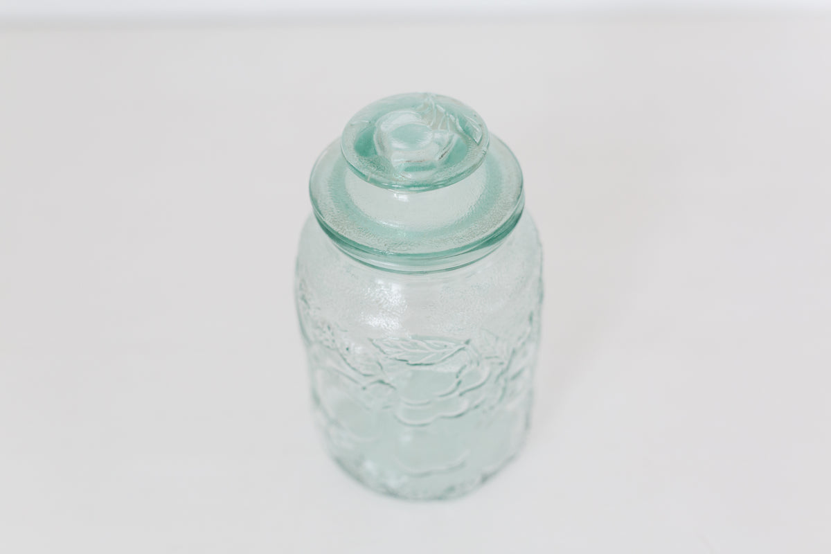Vintage Embossed glass jar with lid