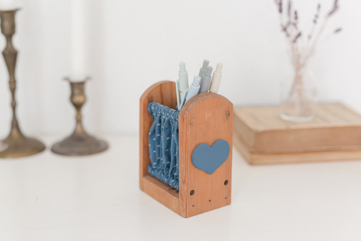 Vintage wood holder with blue fabric by Holiday Fantasies