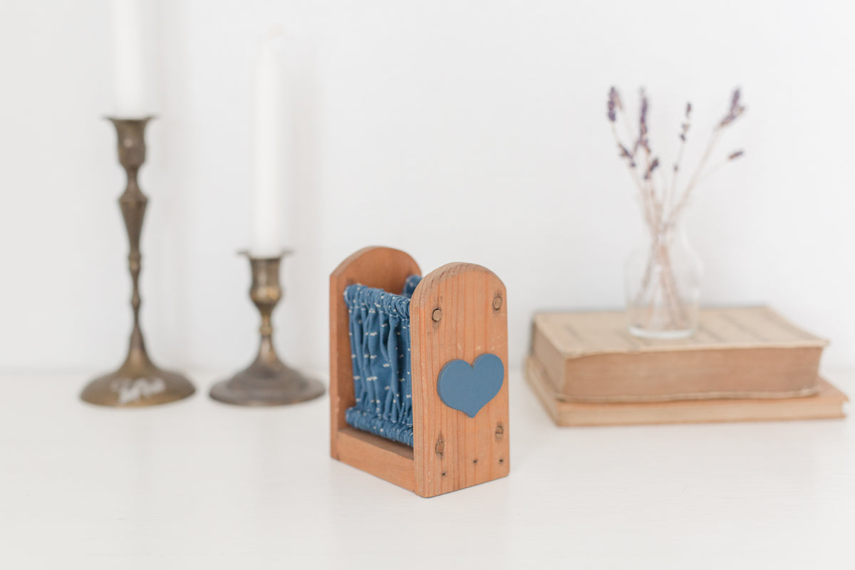 Vintage wood holder with blue fabric by Holiday Fantasies