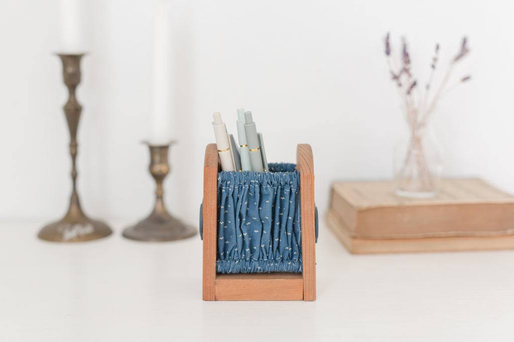 Vintage wood holder with blue fabric by Holiday Fantasies