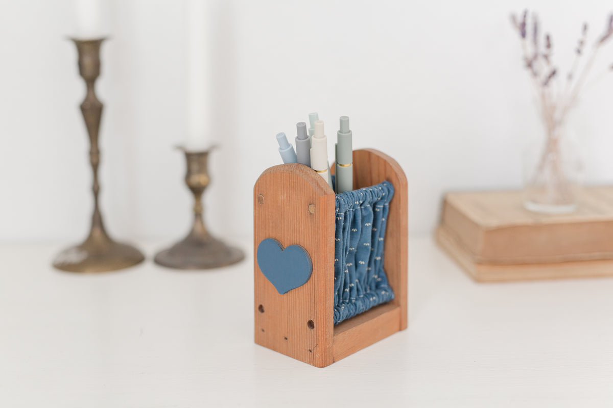 Vintage wood holder with blue fabric by Holiday Fantasies