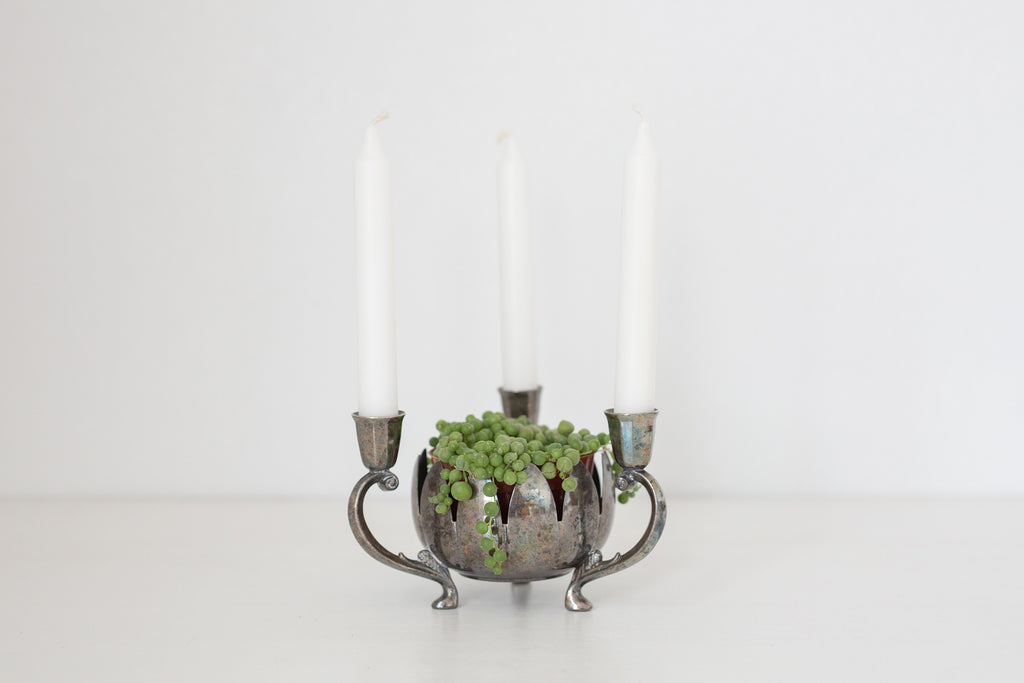 Vintage Silver Plated Brass Candelabra with Center Floral Arrangement