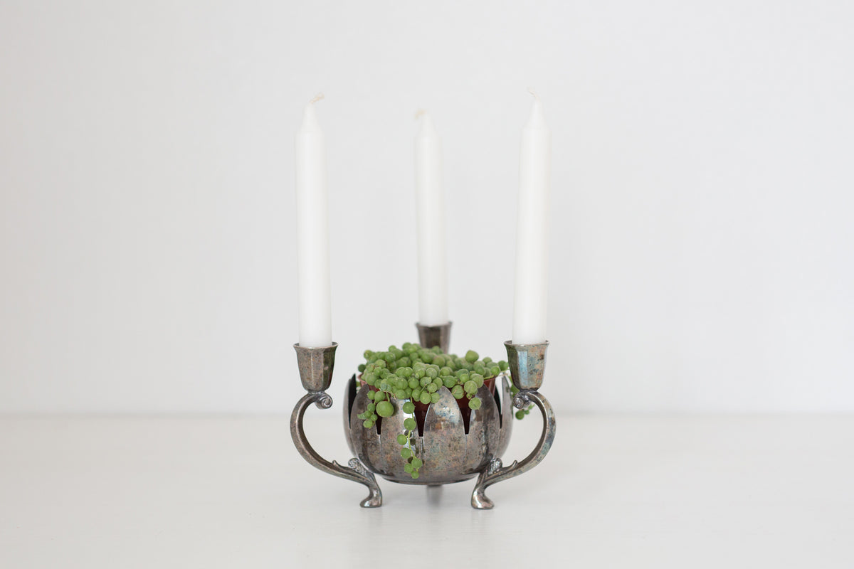 Vintage Silver Plated Brass Candelabra with Center Floral Arrangement