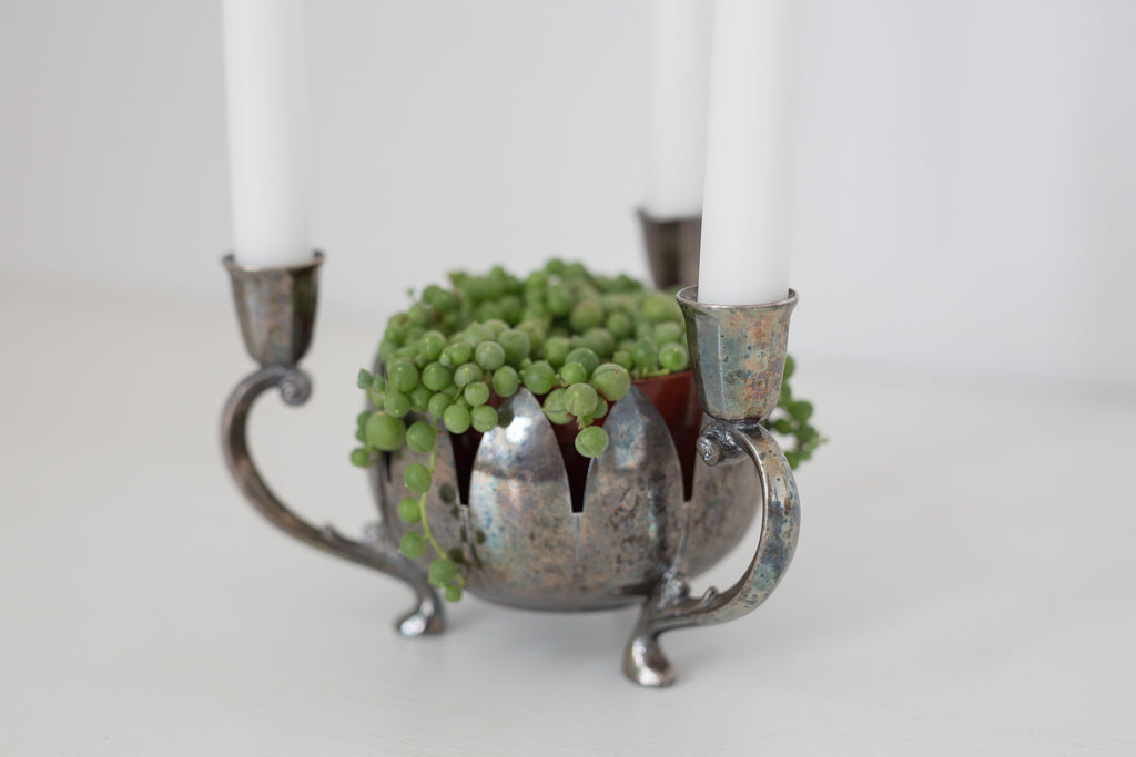Vintage Silver Plated Brass Candelabra with Center Floral Arrangement