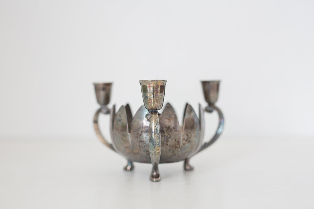 Vintage Silver Plated Brass Candelabra with Center Floral Arrangement