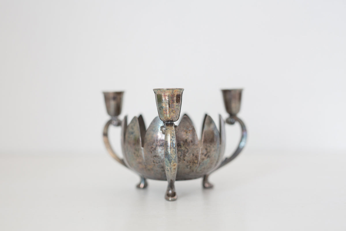 Vintage Silver Plated Brass Candelabra with Center Floral Arrangement