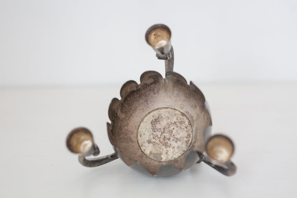 Vintage Silver Plated Brass Candelabra with Center Floral Arrangement
