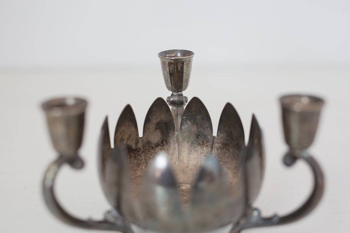 Vintage Silver Plated Brass Candelabra with Center Floral Arrangement