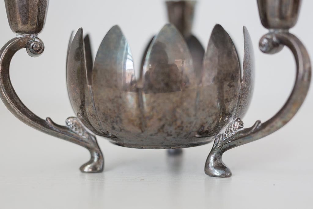 Vintage Silver Plated Brass Candelabra with Center Floral Arrangement