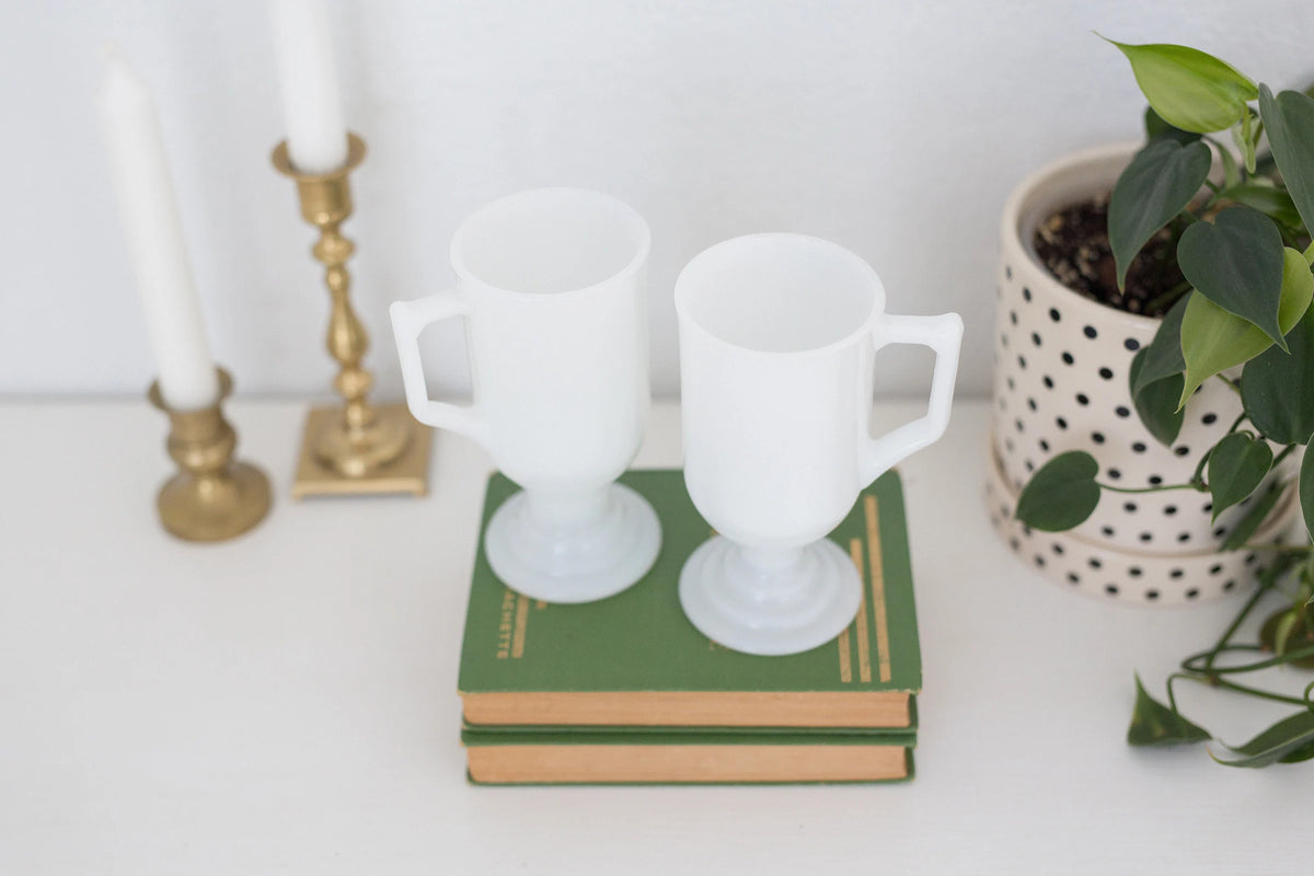 Set of two vintage milk glass mugs, Irish Coffee Mugs