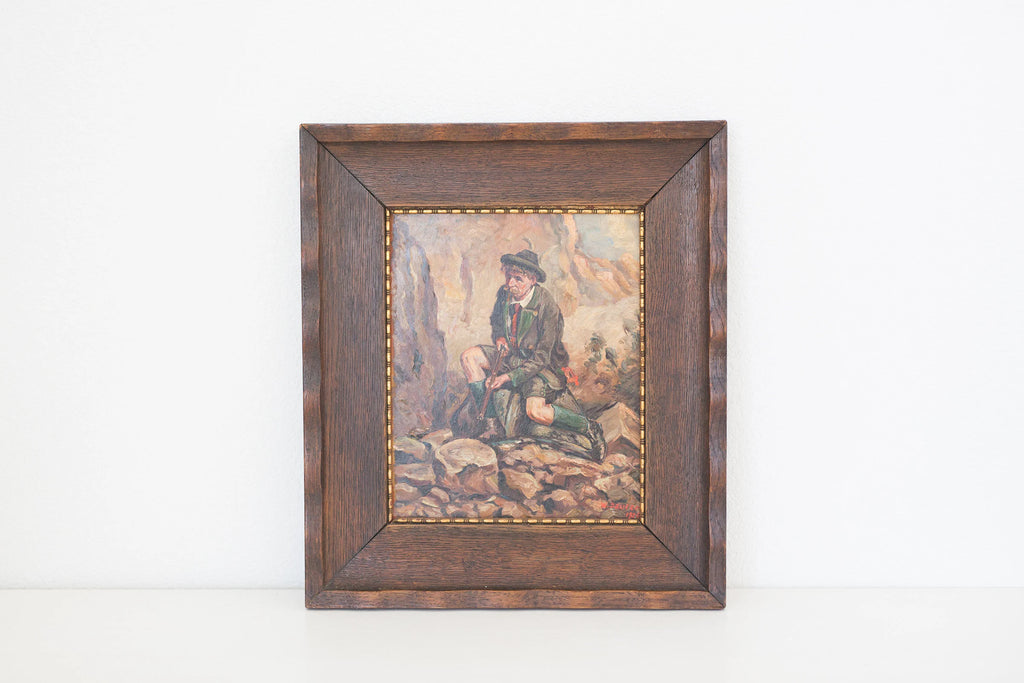 Vintage 1926 framed oil painting on canvas of an Alpine hunting gentleman