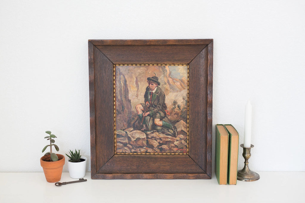 Vintage 1926 framed oil painting on canvas of an Alpine hunting gentleman