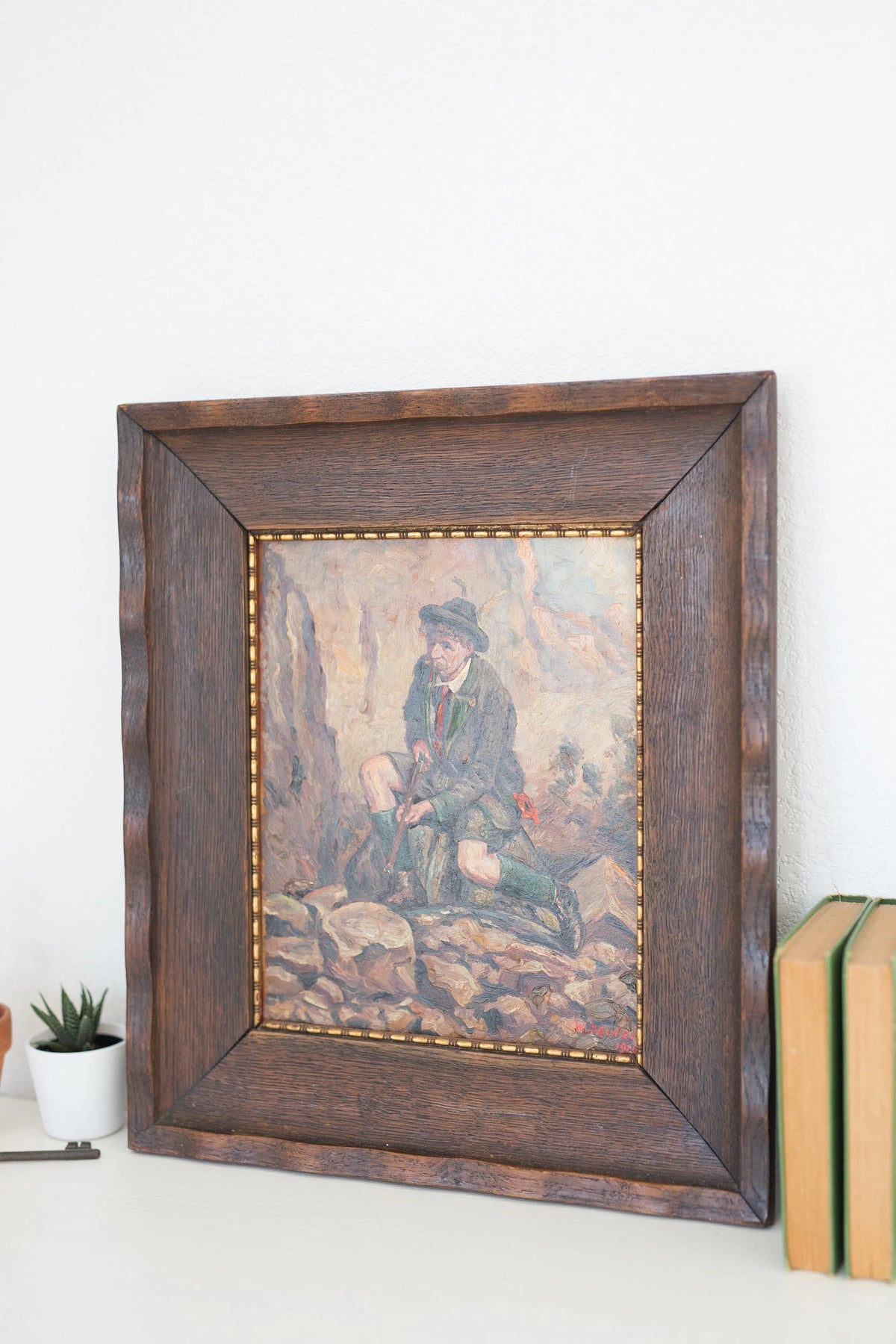 Vintage 1926 framed oil painting on canvas of an Alpine hunting gentleman