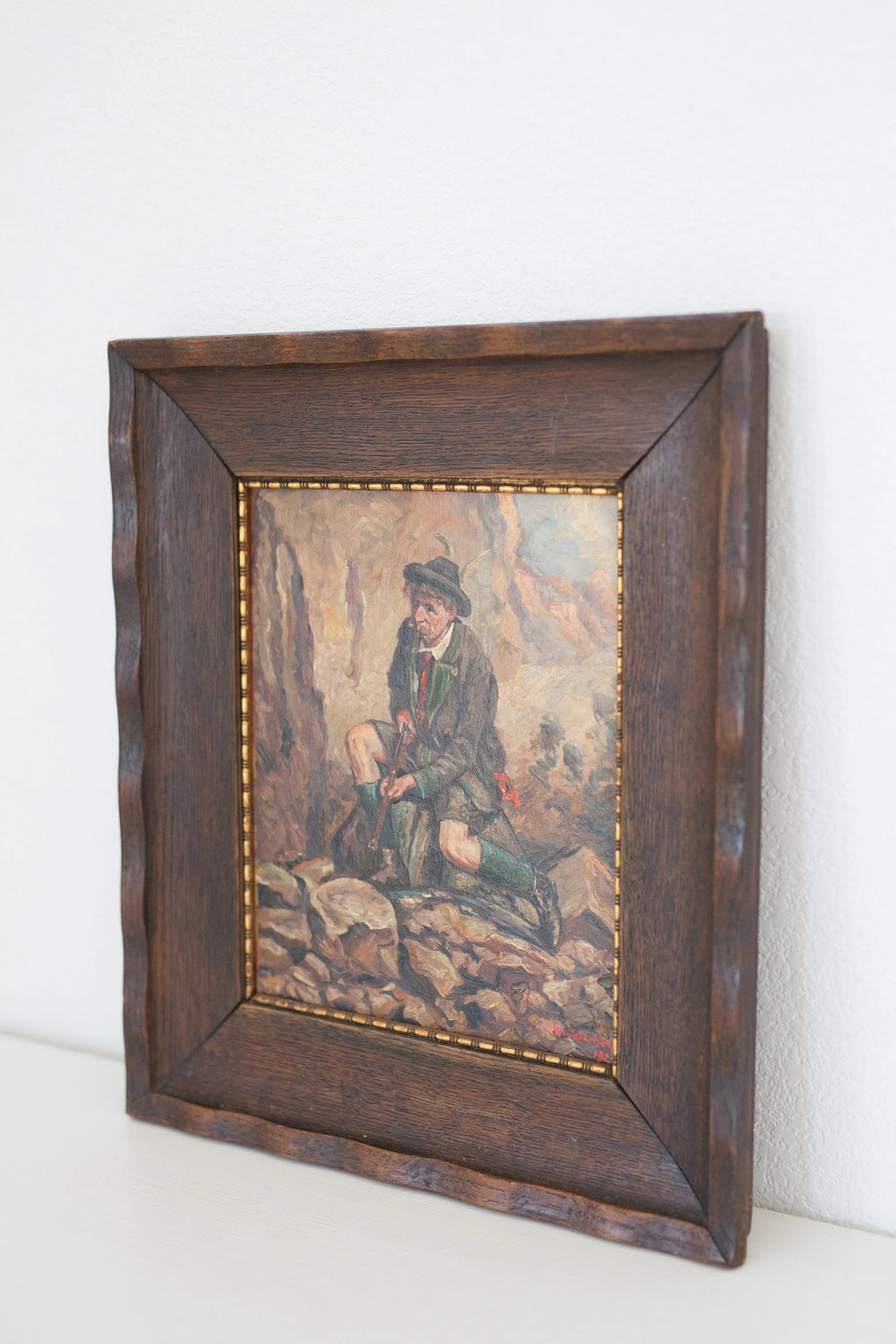 Vintage 1926 framed oil painting on canvas of an Alpine hunting gentleman