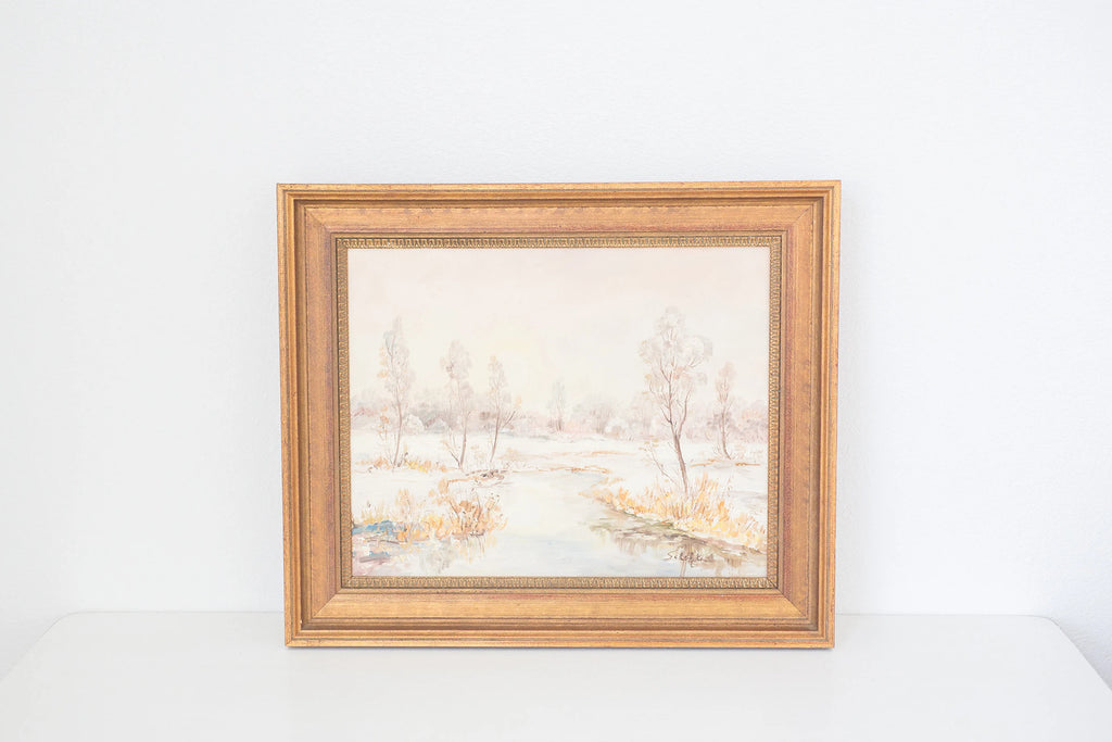 Vintage framed oil painting of early winter along a Eruopean stream