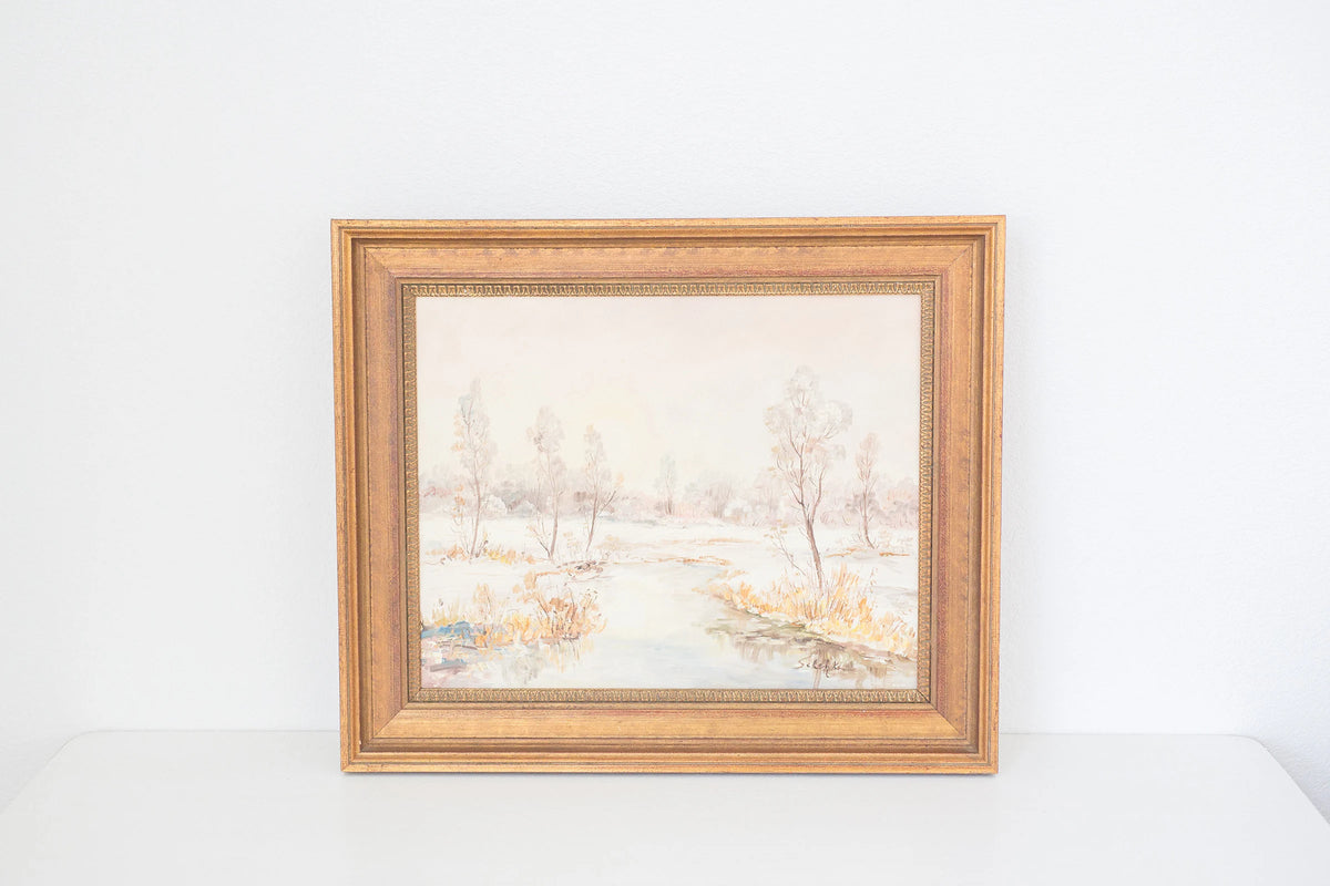 Vintage framed oil painting of early winter along a Eruopean stream