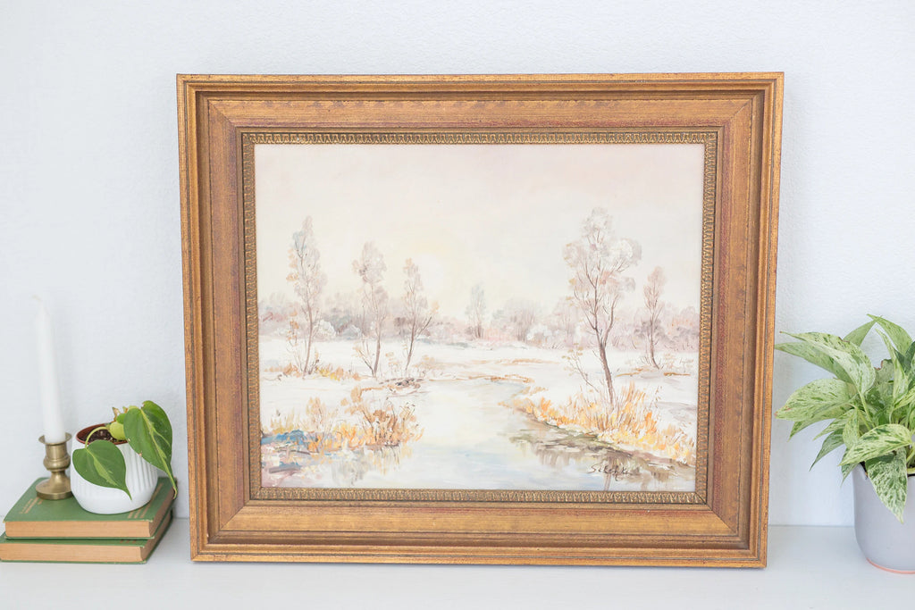 Vintage framed oil painting of early winter along a Eruopean stream