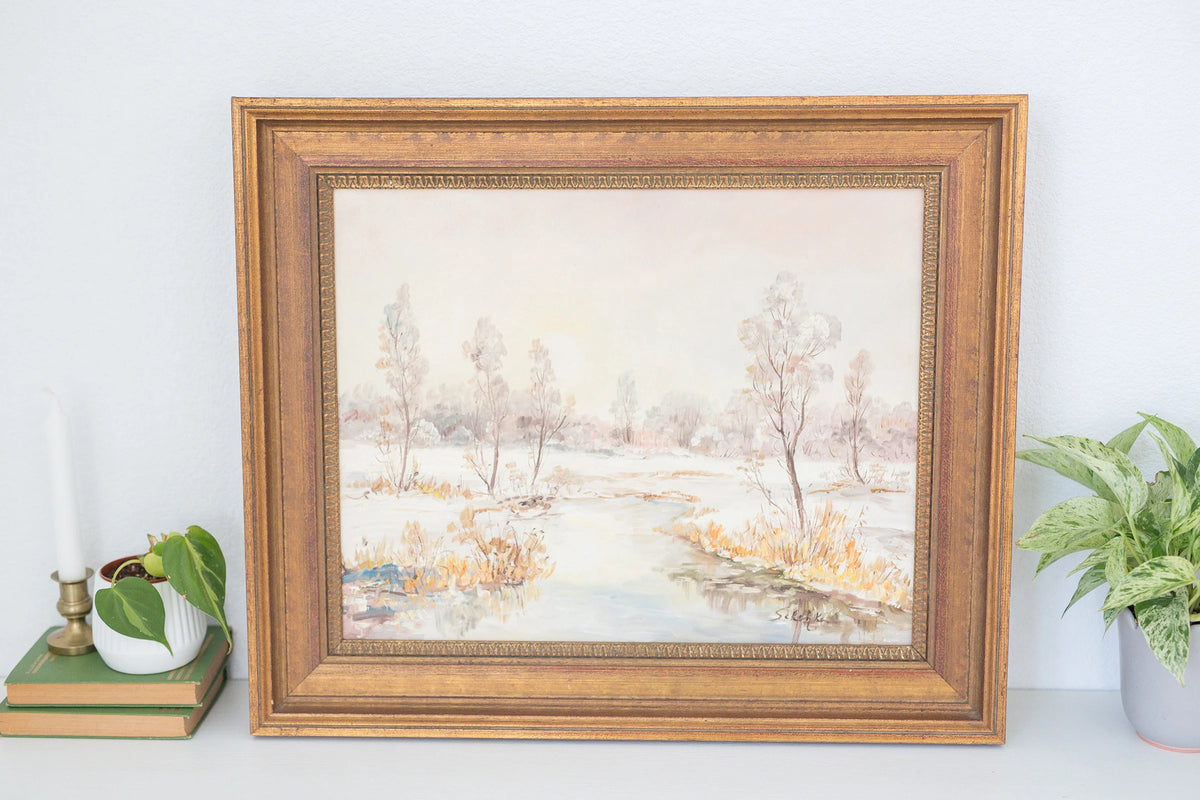 Vintage framed oil painting of early winter along a Eruopean stream