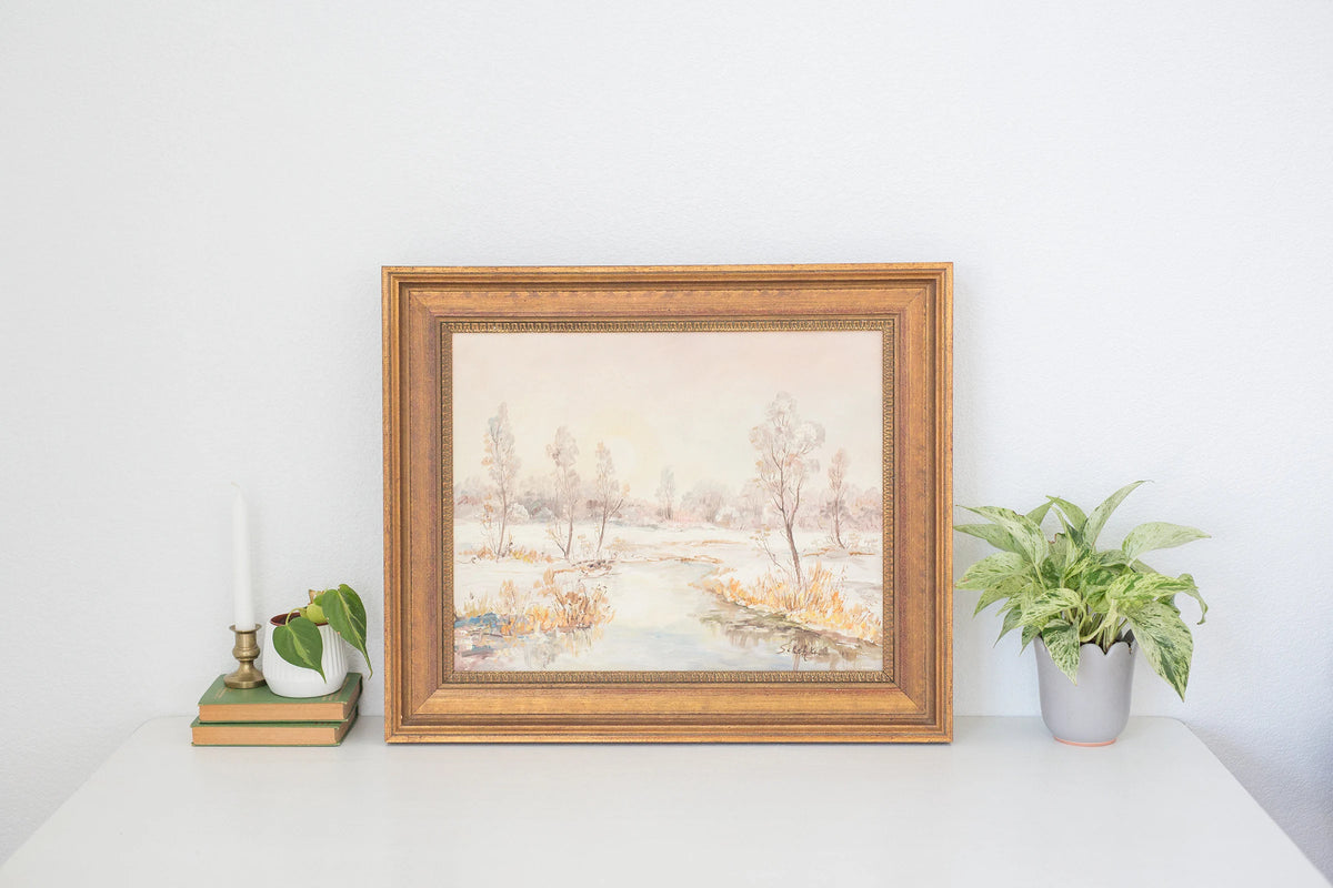 Vintage framed oil painting of early winter along a Eruopean stream