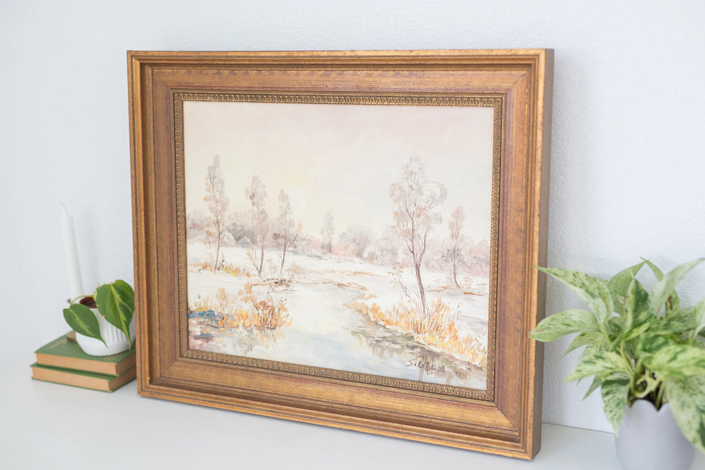 Vintage framed oil painting of early winter along a Eruopean stream