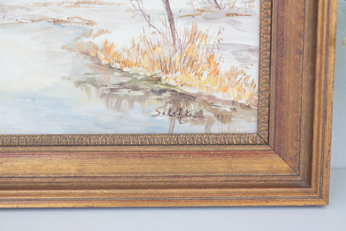 Vintage framed oil painting of early winter along a Eruopean stream