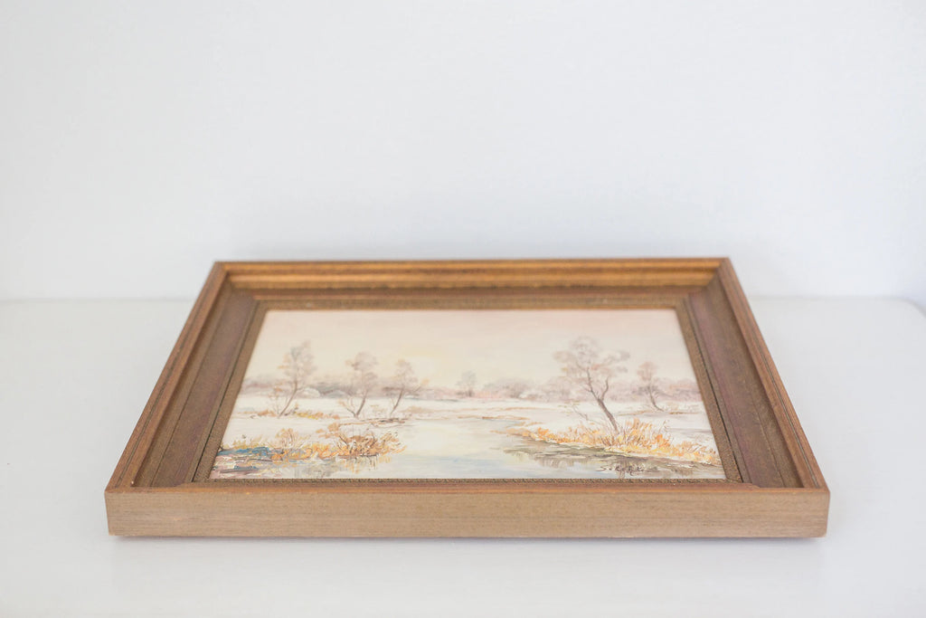 Vintage framed oil painting of early winter along a Eruopean stream