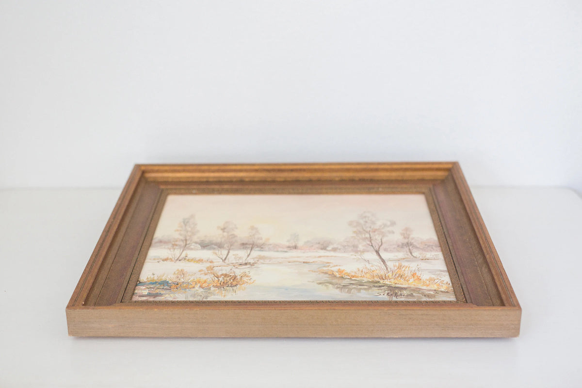 Vintage framed oil painting of early winter along a Eruopean stream