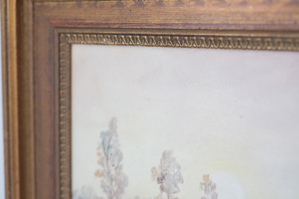 Vintage framed oil painting of early winter along a Eruopean stream