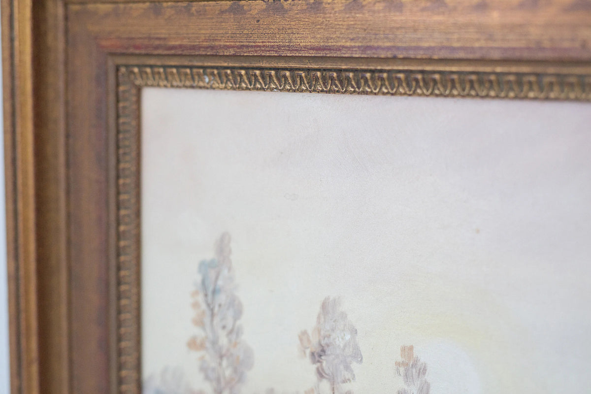 Vintage framed oil painting of early winter along a Eruopean stream