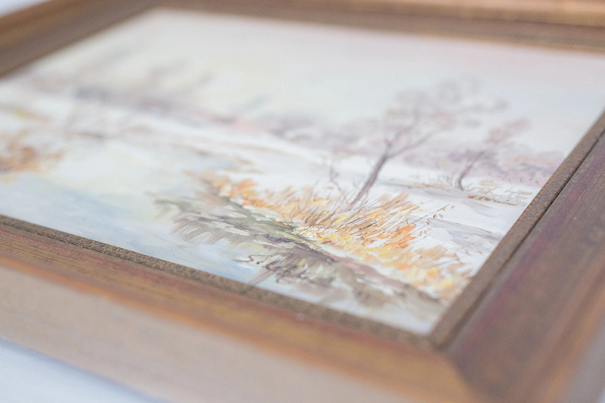Vintage framed oil painting of early winter along a Eruopean stream