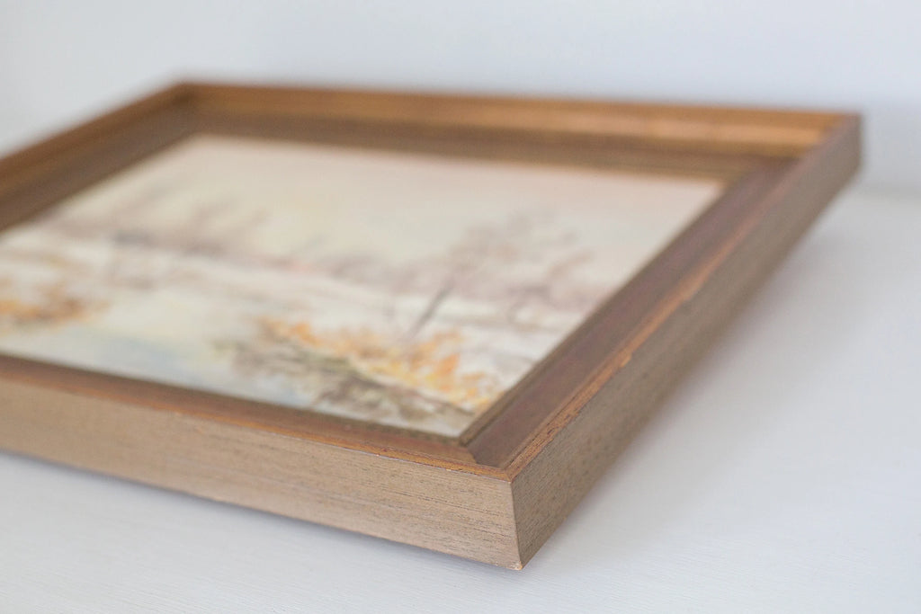 Vintage framed oil painting of early winter along a Eruopean stream